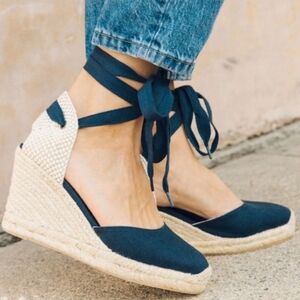 Soludos Marseille Wedge Espadrilles Closed-Toed Lace up Tall Heel Navy Blue